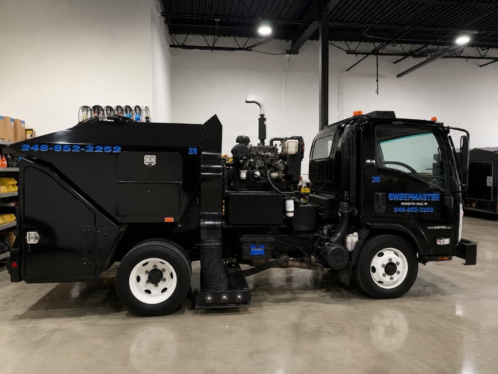 Side view of a Sweepmaster Schwarze vacuum sweeper with suction hose